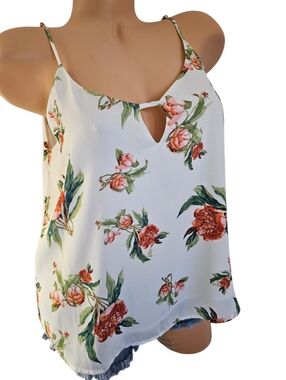 White Floral Spaghetti Adjustable Strap Camisole with Keyhole, Womens Medium